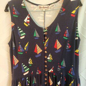 Vintage Bechamel Cotton Navy Multi-color Boat Print Sleeveless Teacher Dress